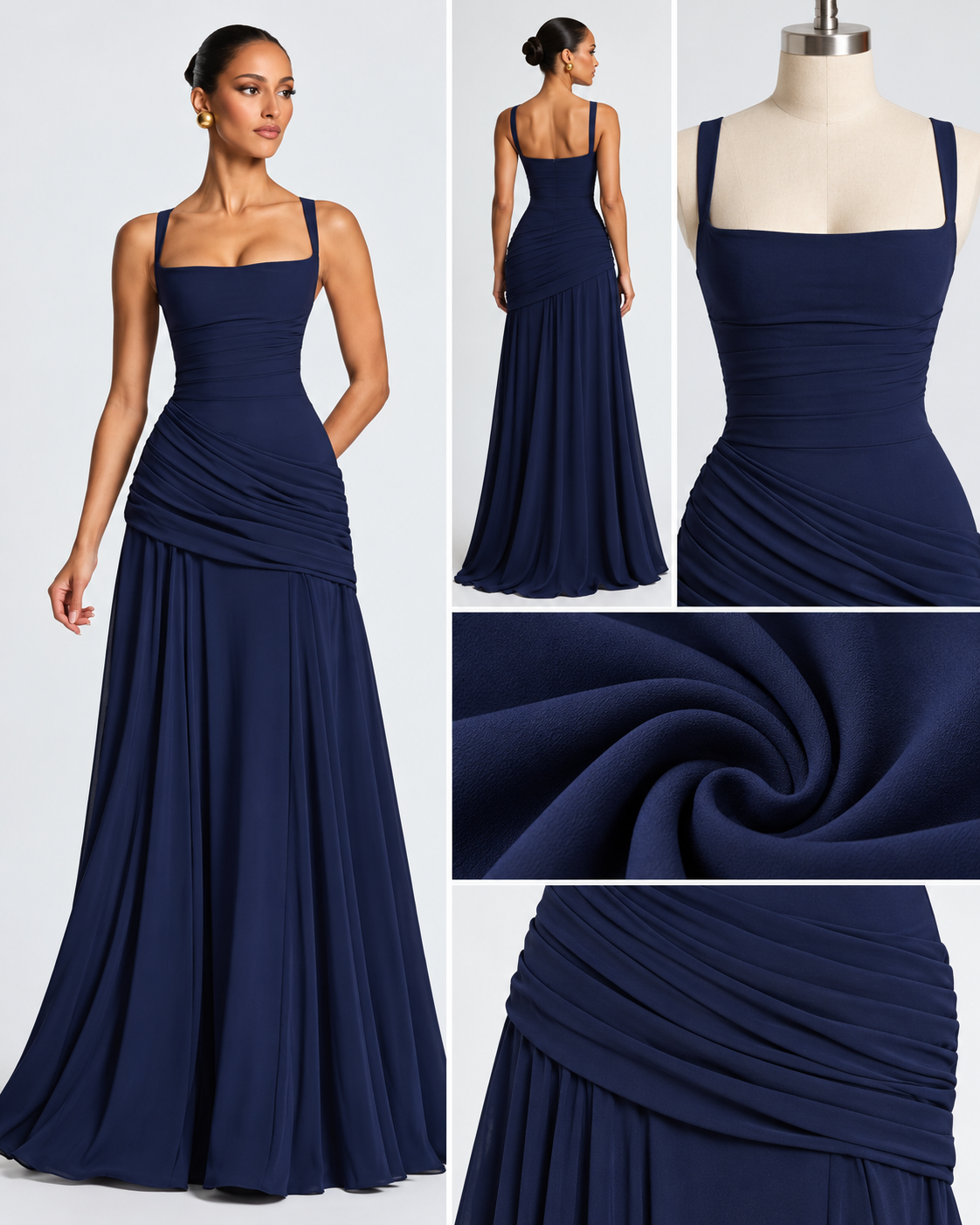 Navy Blue Square-Neck Ruched Maxi Dress