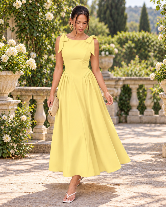 Butter Yellow Bow-Shoulder Fit-and-Flare Midi Dress