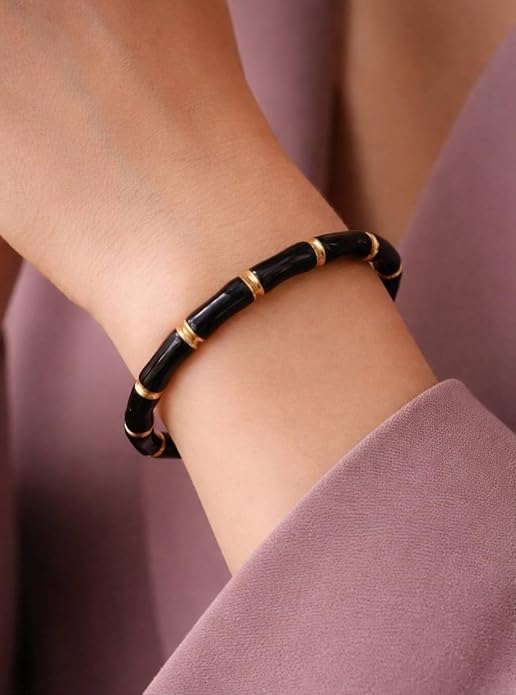 KJ Black Enamel Bamboo Bangle Bracelet with Gold-Tone Accents