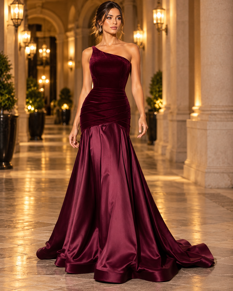 Burgundy One-Shoulder Ruched Satin Gown