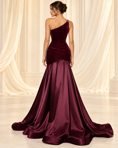 Burgundy One-Shoulder Ruched Satin Gown