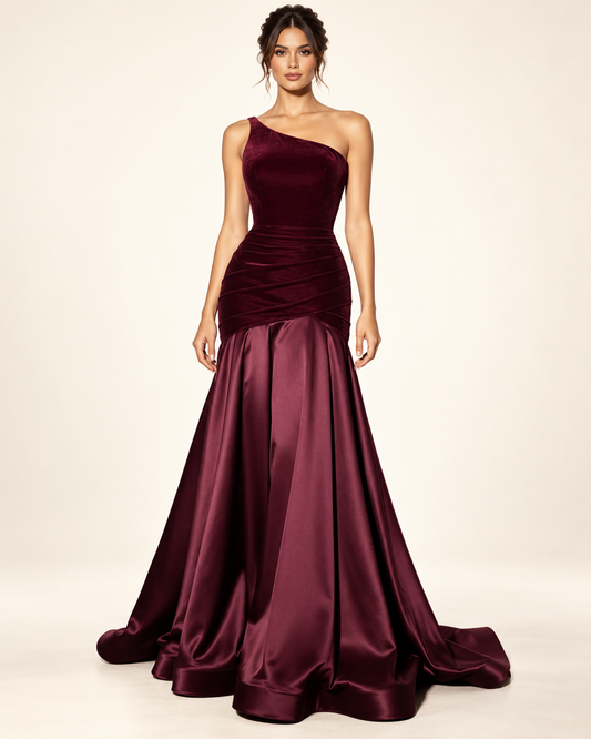 Burgundy One-Shoulder Ruched Satin Gown