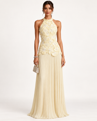 Ivory Floral Appliqué Halter Maxi Dress