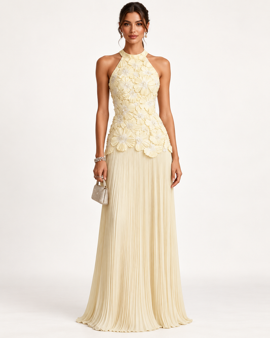 Ivory Floral Appliqué Halter Maxi Dress
