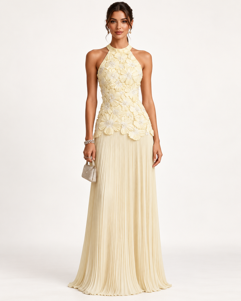 Ivory Floral Appliqué Halter Maxi Dress
