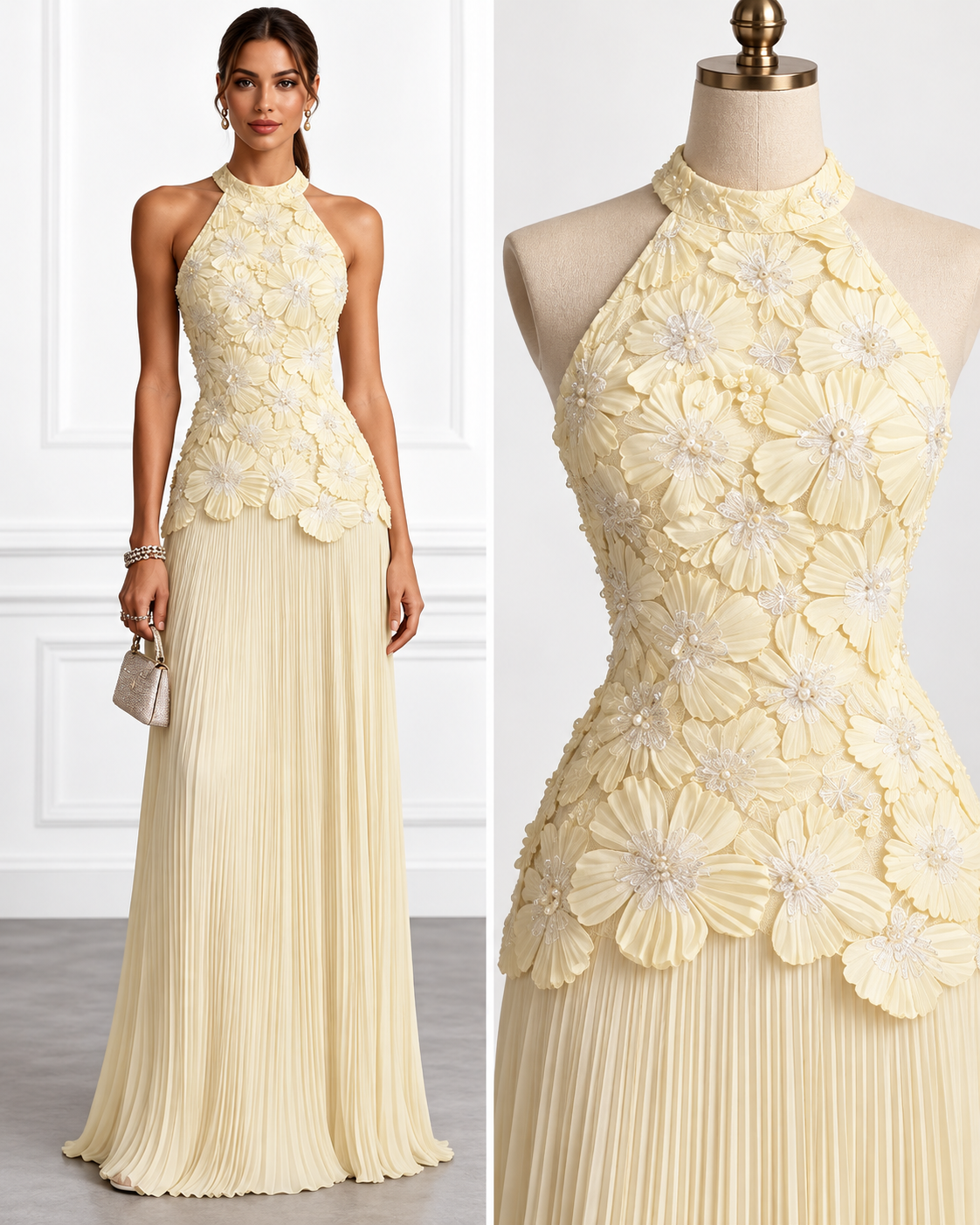 Ivory Floral Appliqué Halter Maxi Dress