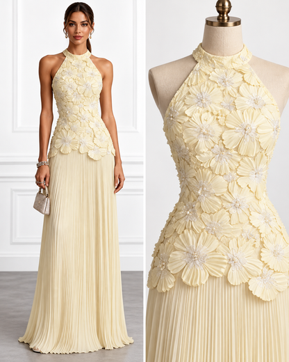 Ivory Floral Appliqué Halter Maxi Dress