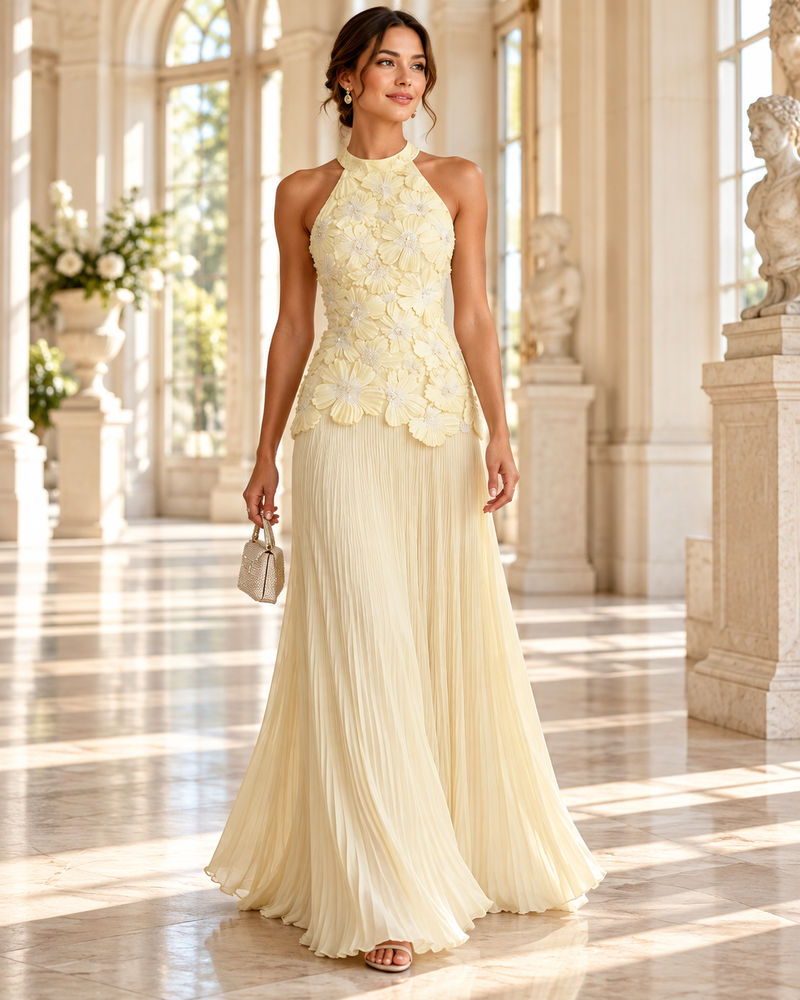 Ivory Floral Appliqué Halter Maxi Dress