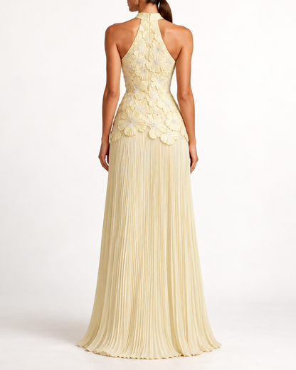 Ivory Floral Appliqué Halter Maxi Dress