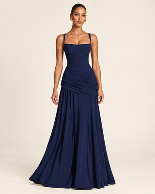 Navy Blue Square-Neck Ruched Maxi Dress