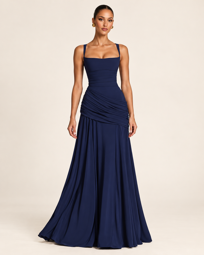 Navy Blue Square-Neck Ruched Maxi Dress