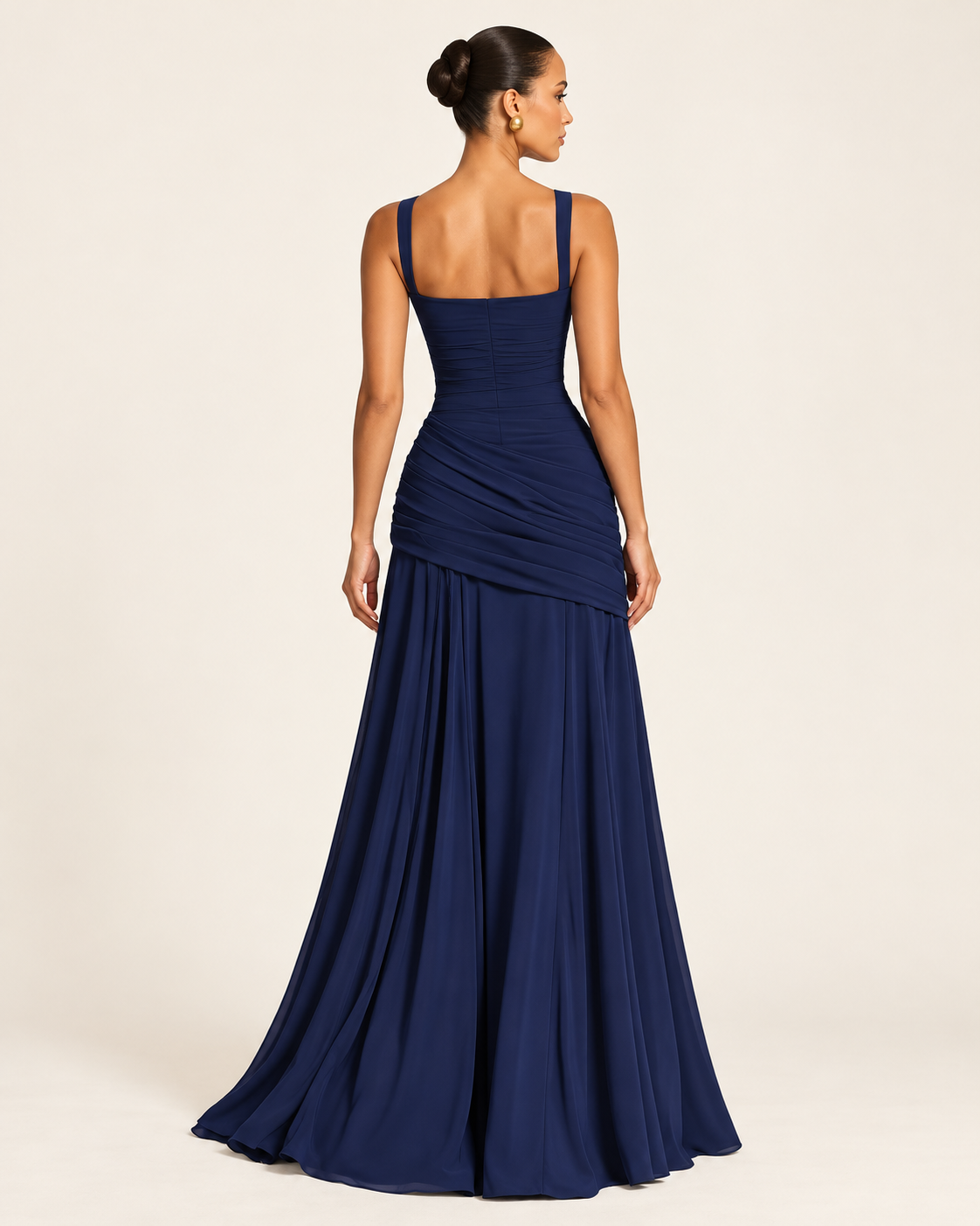 Navy Blue Square-Neck Ruched Maxi Dress