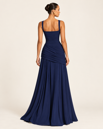 Navy Blue Square-Neck Ruched Maxi Dress