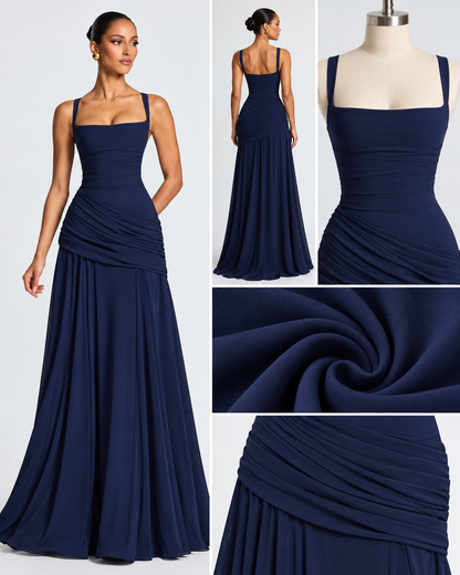 Navy Blue Square-Neck Ruched Maxi Dress