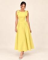 Butter Yellow Bow-Shoulder Fit-and-Flare Midi Dress