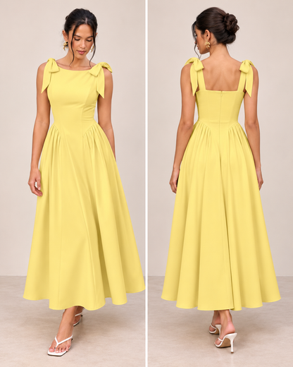 Butter Yellow Bow-Shoulder Fit-and-Flare Midi Dress