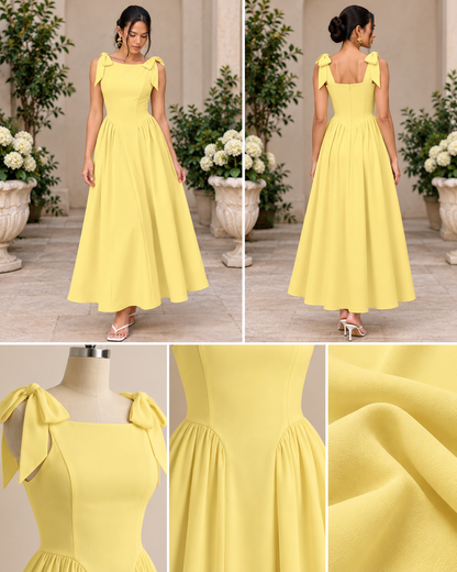 Butter Yellow Bow-Shoulder Fit-and-Flare Midi Dress