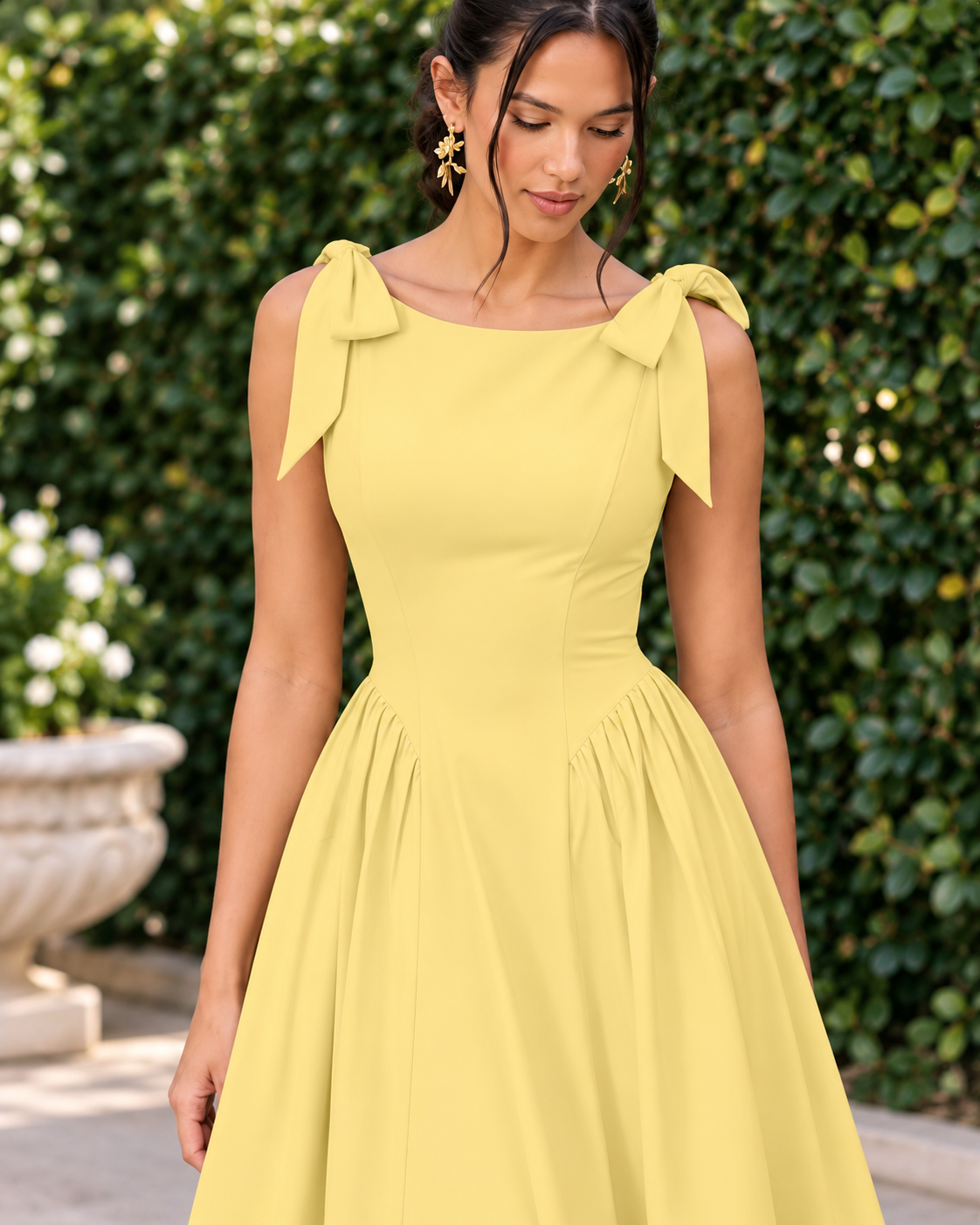 Butter Yellow Bow-Shoulder Fit-and-Flare Midi Dress